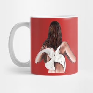 Woman with birds on back. Freedom concept. Mug